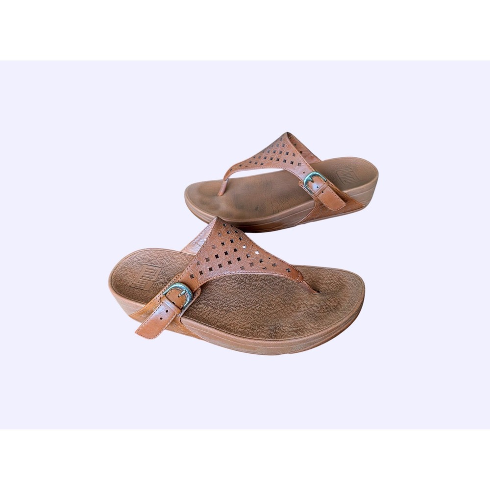 FitFlop Lulu Tan Leather Laser Cut Buckle Sandals Microwobbleboard EU 38